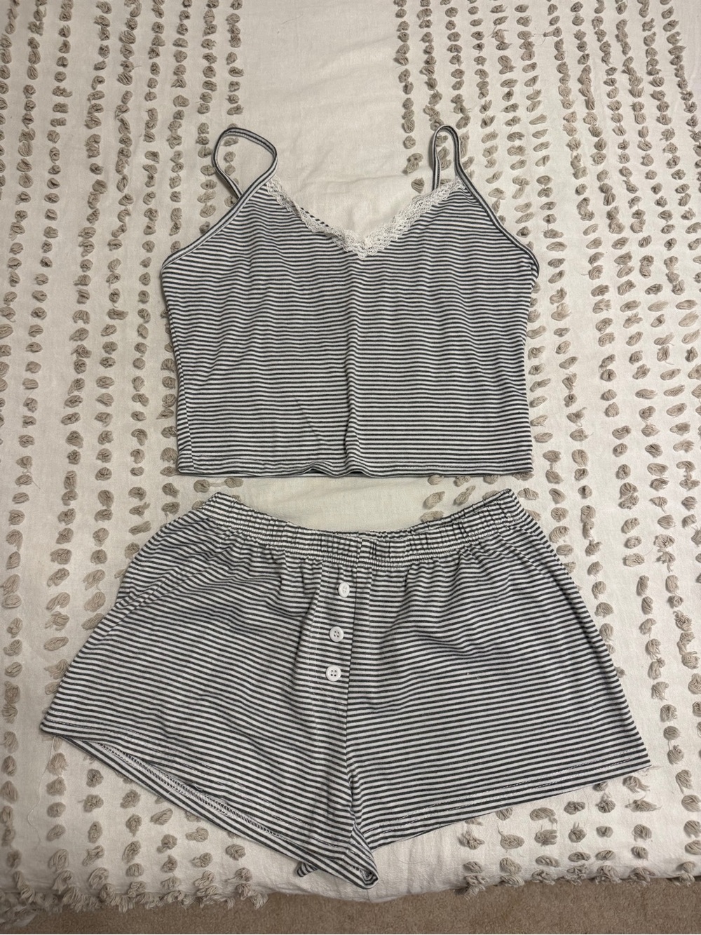 SHEIN Gray & White Striped Lace-Trim Cami and Shorts Set